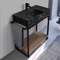 Modern Powder Room Console Vanity with Natural Brown Oak Shelf, Black Marble Style Sink, 35 Inch, Free Standing